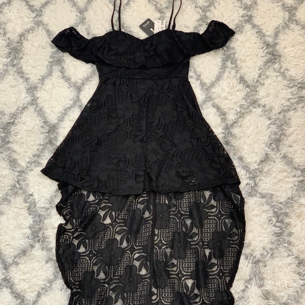 Black Lace High Low Off the Shoulder Draping Dress